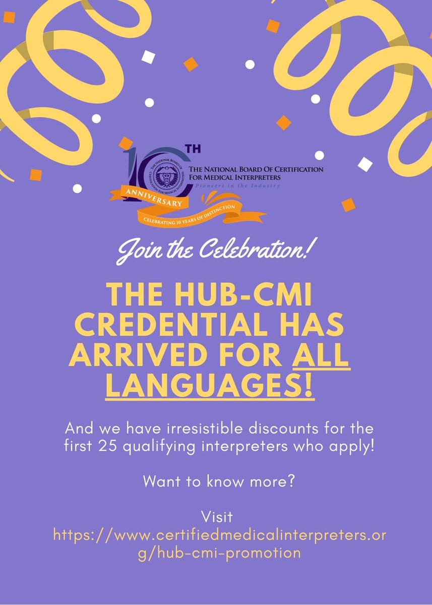 The HUB-CMI is FINALLY here! And we can't contain our joy. Start registering to take the test online or onsite through select locations as of 6/1/2020. Amazing discounts available for the first 25 qualifying interpreter applicants! Visit tinyurl.com/y9dty633 #GetCertified