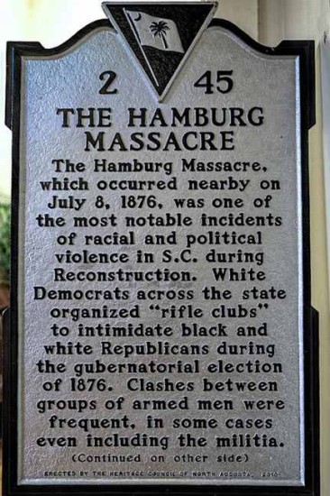 Hamburg Massacre, South Carolina 1876 White supremacists wanted to regain control of state governments and eradicate the civil rights of Black Americans. 100 white men attacked Black people. 94 white men were indicted for murder by a coroner's jury, none were prosecuted.