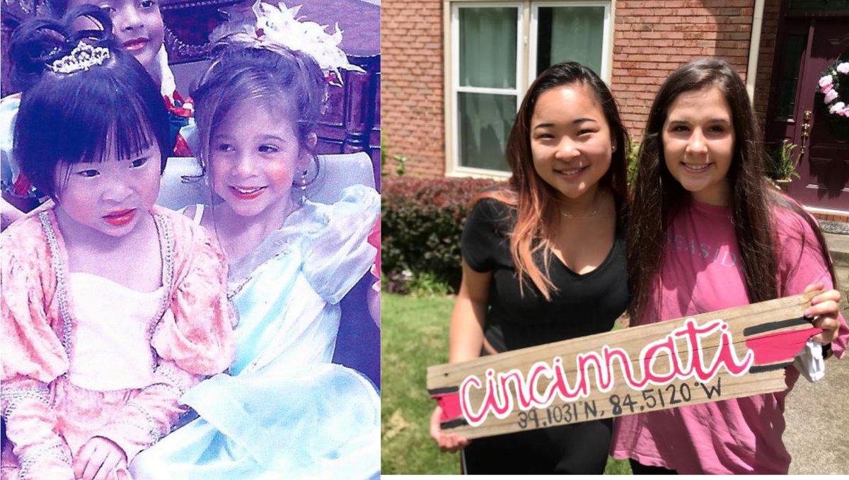 EmmaED1's tweet photo. Last week, my oldest friend, Keenen Clark, surprised me with a graduation gift she made herself! Keenan and I go WAY BACK to @CremeSchools pre-school! Here we are at my Princess Spa Party in 2007 (we were 5?) - and now! I can't wait to hang my sign in my dorm room! https://t.co/DzUThpAfCq