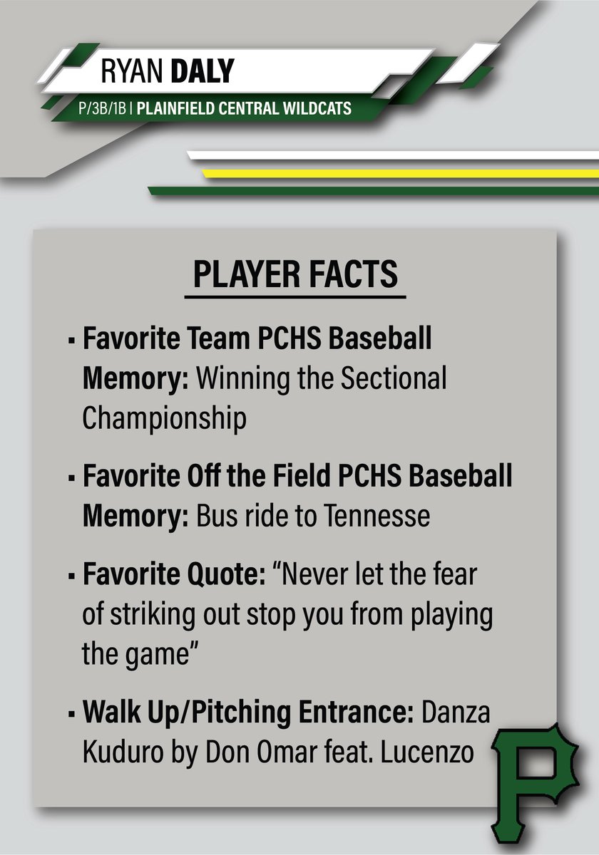 2020 Senior Ryan Daly, P/3B/1B, #23.  Ryan will be remembered for his free swinging that led to him leading the 2019 team in Batting average (.392), the green light he got on the bases, his hard work recovering from an arm injury, and just being a great person.  Wildcat Forever.