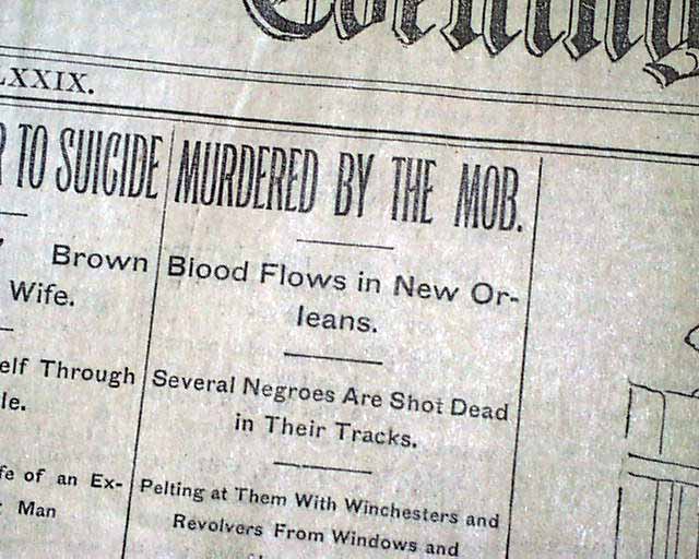 New Orleans Dockworkers' Riot, 1894Non-union Black dockworkers were attacked by white dockworkers, accused of agreeing to lower wages. The riot left six Black laborers dead and many other wounded.