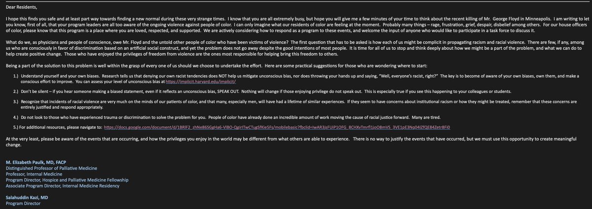 How should residency program leaders respond to #GeorgeFloyd? Acknowledge it. Lead. Thank you @DinoKazi @dhjutsw1 <a href="/paulk_mi/">Mary Elizabeth Paulk</a> <a href="/UTSWIMchief/">UTSW Internal Medicine Chiefs</a> @KiaLByrd <a href="/adsumarsono/">Andrew Sumarsono</a>  <a href="/CWashingtonMD/">Colin Washington, MD, MPH</a> <a href="/BrunoAlvCon/">Bruno Alvarez</a> <a href="/StephenGPhilip/">Stephen Philip</a> @Kayla_KAR <a href="/gradydoctor/">Kimberly D. Manning, MD, MACP</a> <a href="/NMHheartdoc/">Clyde Yancy, MD, MSc</a> <a href="/uche_blackstock/">uché blackstock, md</a>