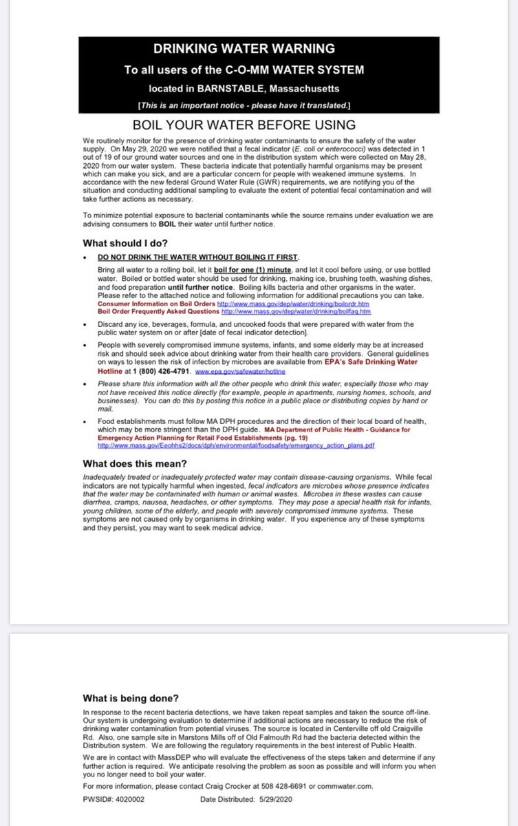 IMPORTANT NOTICE TO RESIDENTS IN THE TOWN OF BARNSTABLE   Please read this public notice  just released to residents of the Centerville-Osterville-Marstons Mills (COMM) water district notifying them to boil  water following an E. coli detection.