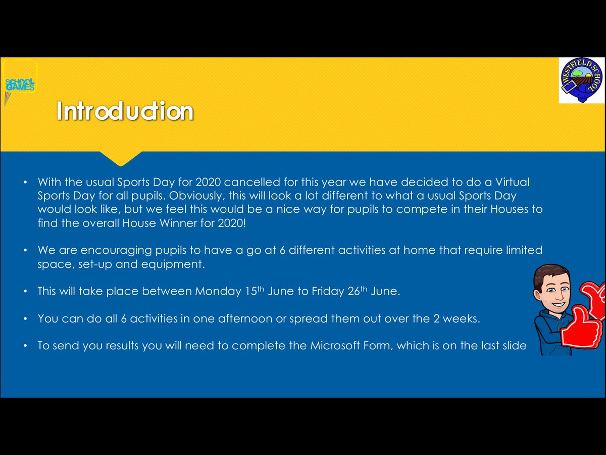 MrP1011's tweet photo. Our Primary School’s Virtual Sports Event. Thank you to all on the @TeachMeetPE platform for advice and ideas. Happy to share and help others if required. Using Microsoft Forms to collect scores. Hopefully someone finds it useful. 😀 https://t.co/5pahukOxRh
