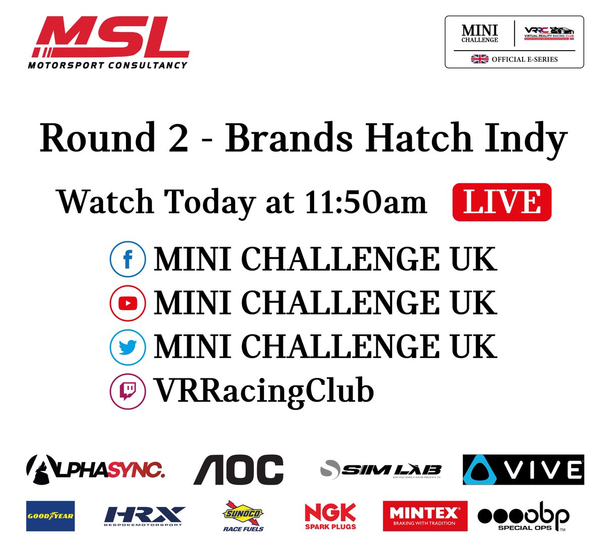 MSLMotorsportC's tweet photo. ๐ฅIT'S RACE DAY!!!๐ฅ
Round 2 of the #MSLMotorsport #MINICHALLENGEUKeSeries takes place today at the virtual Brands Hatch Indy circuit. Watch the action LIVE from 11.50am at:
https://t.co/JqsdUTiBd2
https://t.co/0BYHVgswAL
https://t.co/QXDEj2fZOa
#eSports #simracing #motorsport https://t.co/a0jThqmLrd
