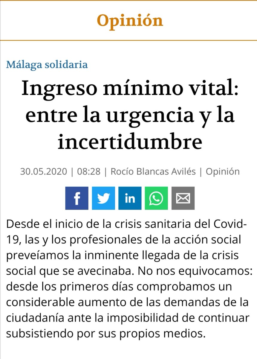 Artículo #MálagaSolidaria <a href="/opiniondemalaga/">La Opinión de Málaga</a> sobre el #IngresoMinimoVital, donde Rocío Blancas <a href="/ArrabalAID/">Asociación Arrabal-AID</a> recibe entusiasta un derecho para dignificar la vida de las personas, que debe complementarse reforzando los #ServiciosSociales y al #TercerSector. 
laopiniondemalaga.es/opinion/2020/0…