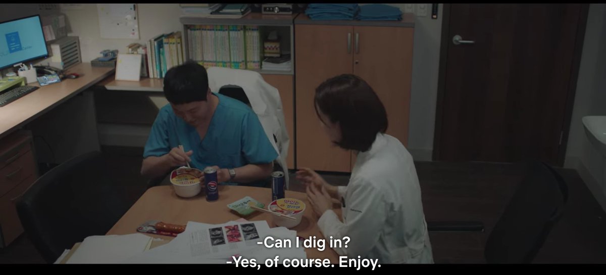 While Seokhyeong is trying not to cross the line, he's clearly getting more and more fond of and comfortable around Minha. Look at him eating with her when he's so comfortable being alone. He even left his precious variety show to join her.  #HospitalPlaylist