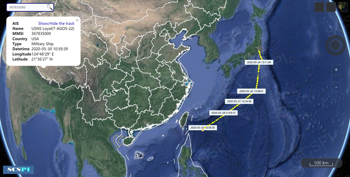 SCS_PI's tweet photo. After a long journey from Yokosuka with 150nm/d, #USNSLoyal has arrived at the east of Bashi Channel.
Will it enter the #SouthChinaSea, and change shifts with #USNSAble, which has been busy monitoring the #SouthChinaSea in the past month? https://t.co/cy4RL5l4R2