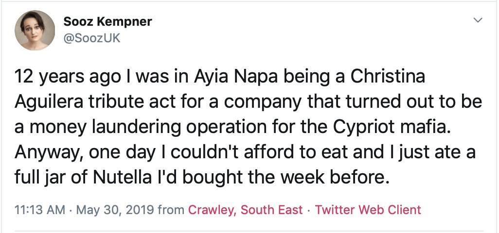 THREAD: A year ago today I tweeted this about my time in Ayia Napa in 2007 as a Christina Aguilera tribute act. THIS thread is about what it was like tweeting THAT thread. Meta AF.