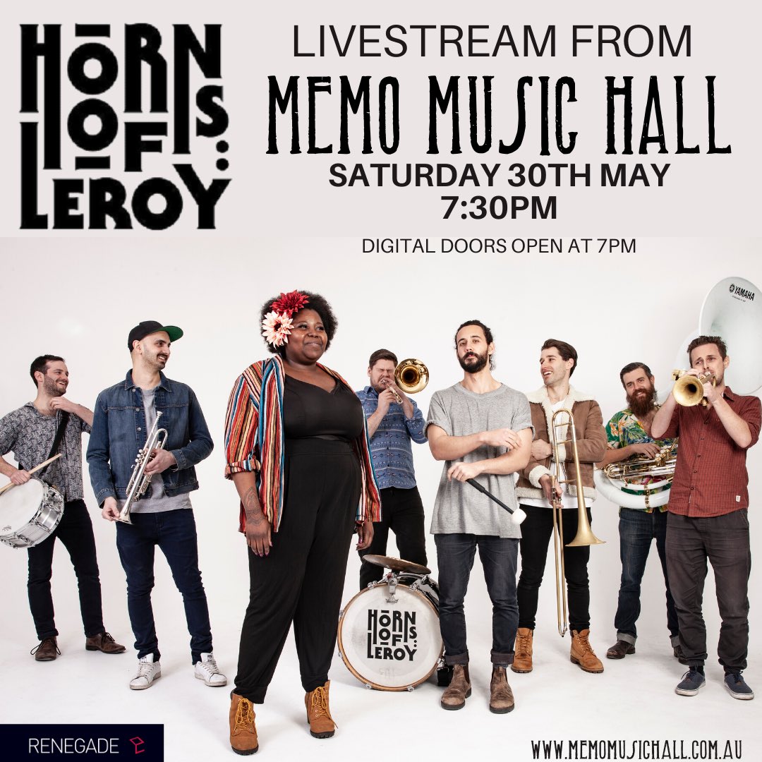 Not long to go until our Saturday night live stream kicks off- get your tix from bit.ly/35qBcsrhornsof… and get ready for a New Orleans-style Iso Party! #livestream #virtualconcert #memomusichall #hornsofleroy #thando #livemusic #isoparty #memolivestreams #saturdaynight