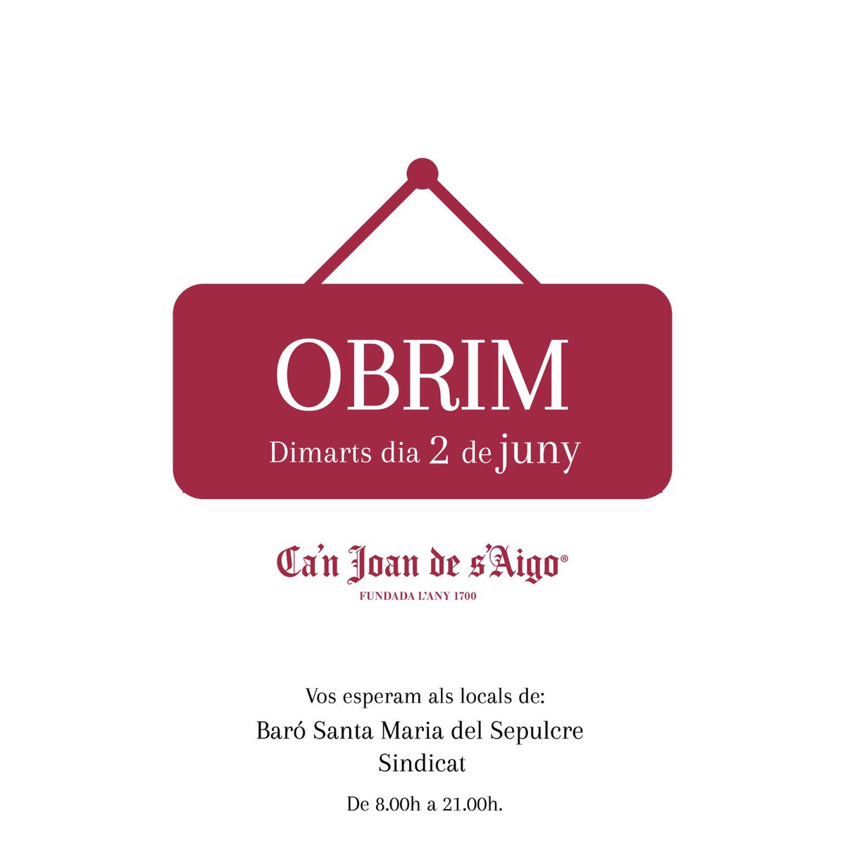 Tornam! I no podem estar més contents de reobrir les nostres portes. Dimarts que ve dia 2 de juny a #CanJoandesAigo tornarem, de 8:00h. a 21:00h, per servir-vos  les nostres especialitats als 2 locals que tenim a Palma: 
-Baró Santa Maria del Sepulcre.
-Sindicat. 
Vos esperam!