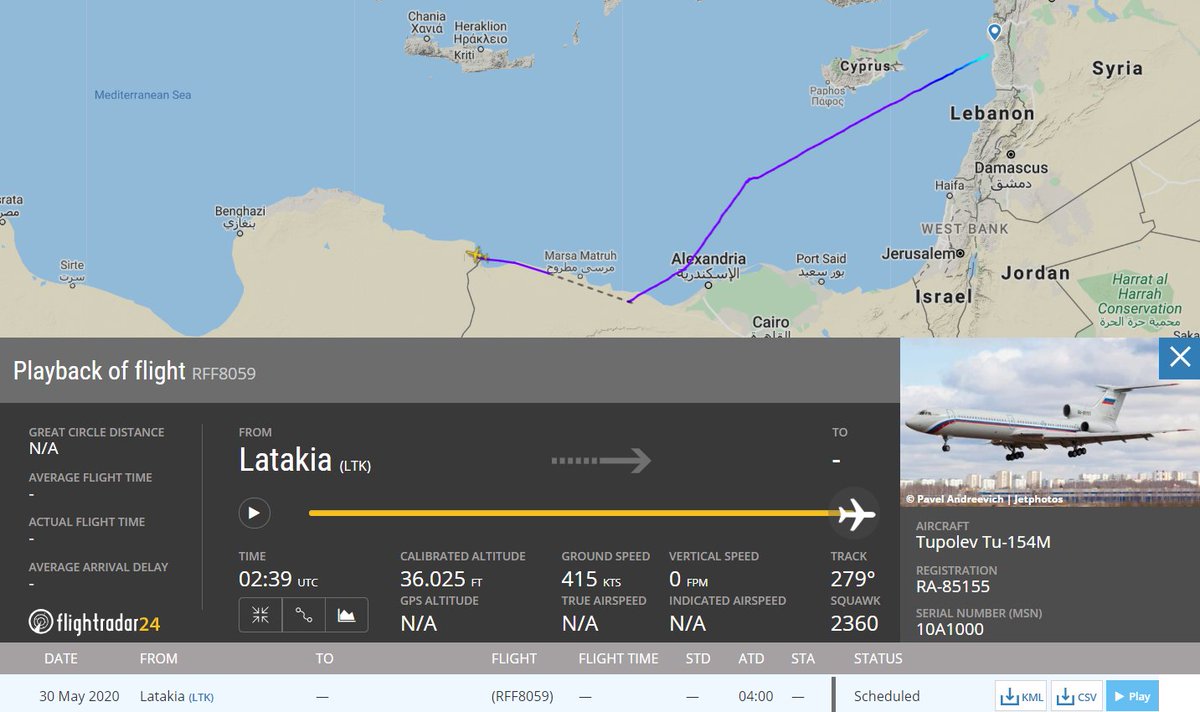 Gerjon_'s tweet photo. Last night there was another Russian Air Force flight into 🇱🇾#Libya. Tupolev Tu-154M RA-85155 flew 🇷🇺#Moscow - 🇸🇾#Latakia/🇷🇺#Khmeimim (as #RFF7019, over 🇹🇷#Turkey) yesterday, arriving around midnight UTC, and continued an hour later (#RFF8059). https://t.co/rbJA69LlAc