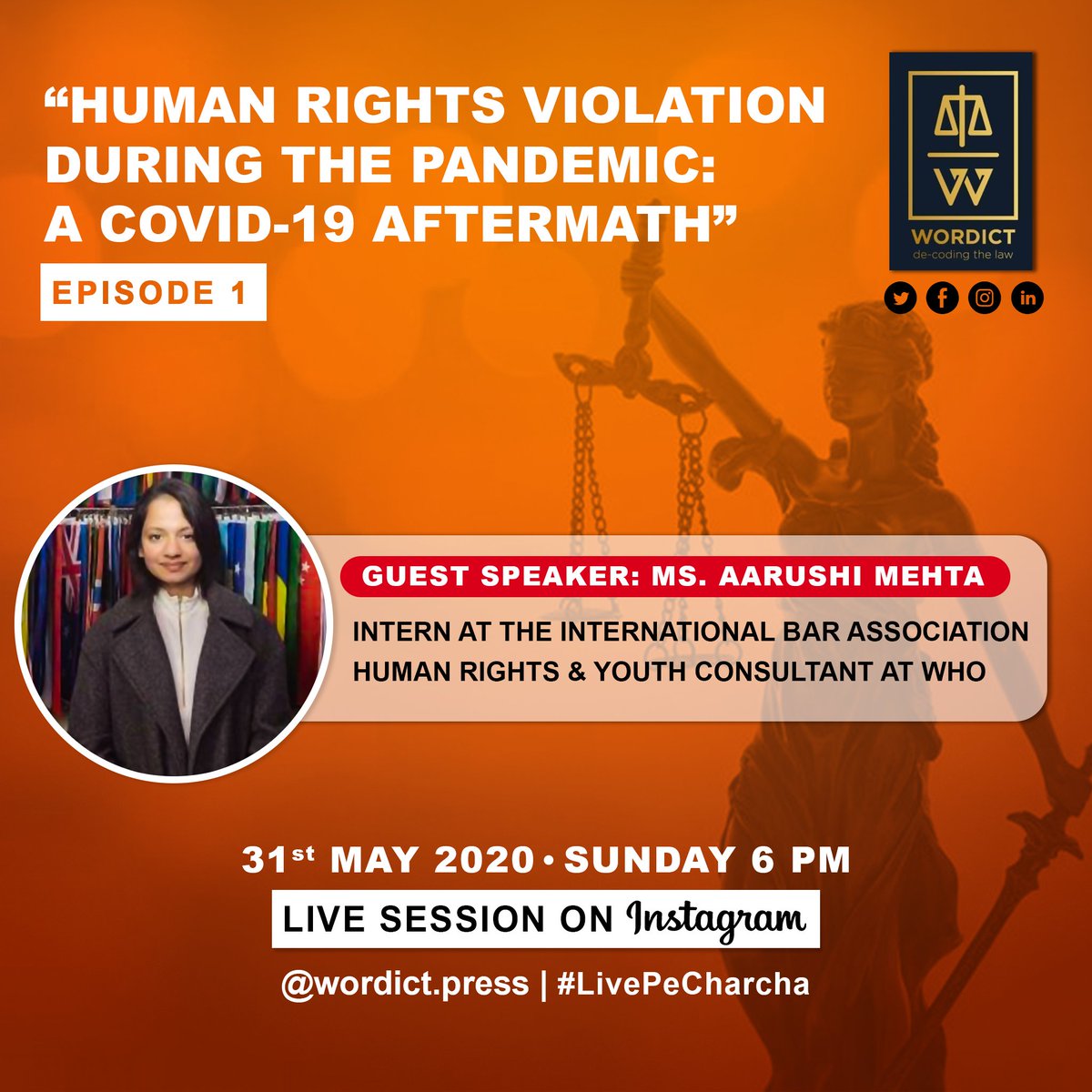 TeamWordict's tweet photo. Wordict brings to you the 1st Episode of #LivePeCharcha featuring @aarushimehta9
Aarushi Mehta is a final year student of Amity Law School Delhi - Indraprastha
University, and an Intern at the International Bar Association Human Rights Institute in London, United Kingdom. https://t.co/EY3uZzDCDB