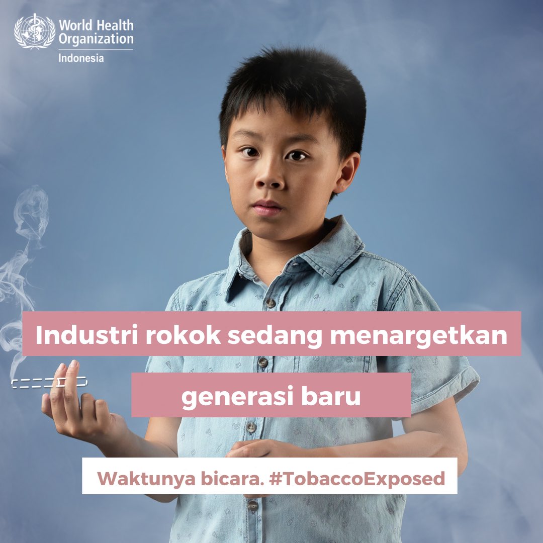 WHOIndonesia's tweet photo. Industri rokok sedang menyasar anak-anak dan remaja. 

Waktunya bertindak. Ayo ciptakan generasi #Indonesia yang bebas tembakau! Pahami risiko merokok, katakan TIDAK pada tembakau.

#TobaccoExposed #WorldNoTobaccoDay #NoTobacco #HTTS2020 #tolakjaditarget https://t.co/K0jq7Cptkb