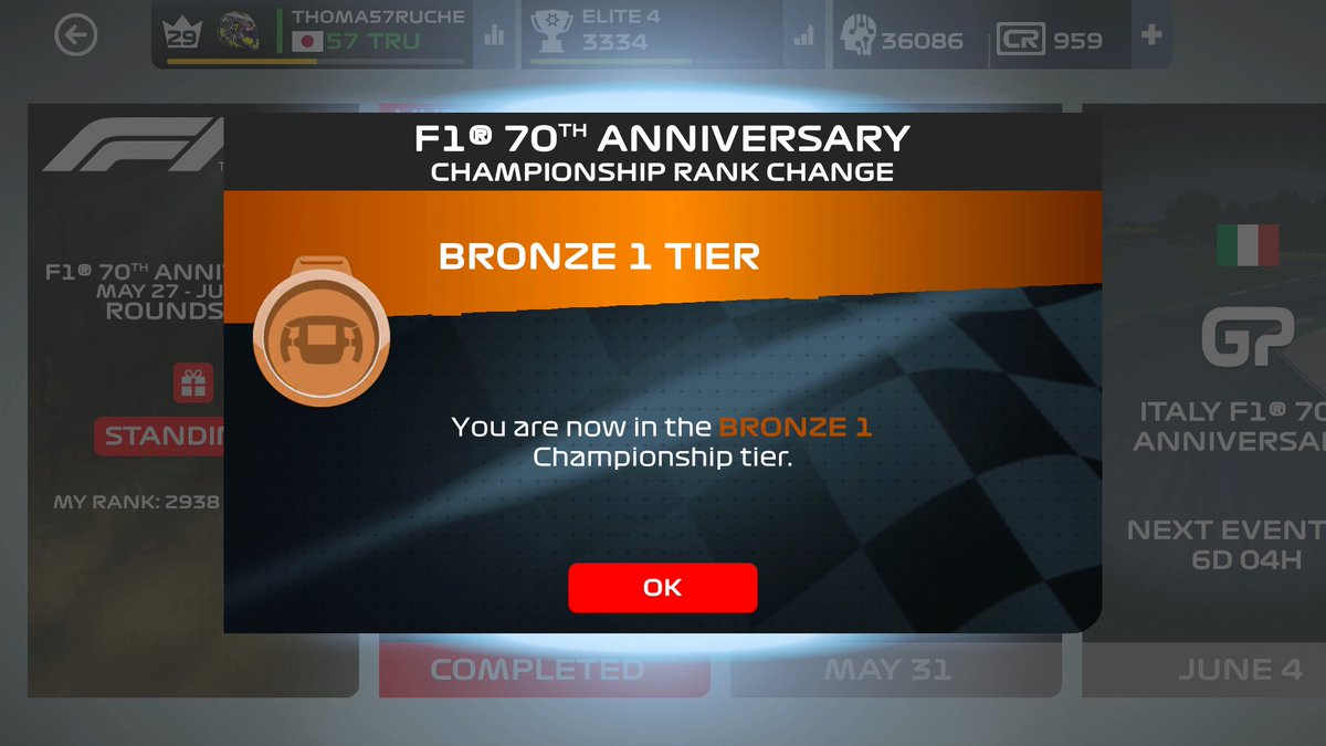 Thoma57ruche's tweet photo. 読み込みに苦労したF1 70th Anniversaryの開幕戦British GPを終えた時点で、ランキングはブロンズ1。
今日21時に第2戦Netherlandsがアンロックされるはずだから、初めてザントフールトを走るのが楽しみ :-)

 #F1MobileRacing #CompeteCustomiseDominate https://t.co/WCU4LWOcad