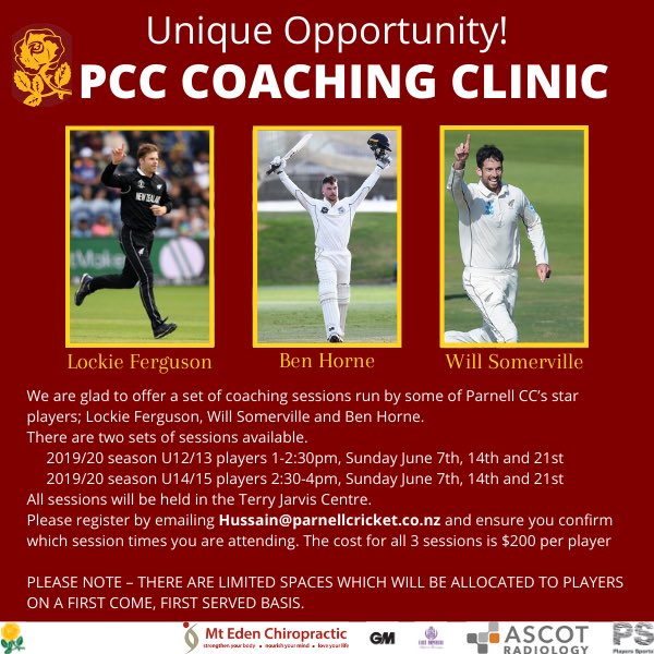 ParnellCricket's tweet photo. Unique coaching opportunity for Juniors to learn from 3 current @ParnellCricket , @aucklandcricket and @BLACKCAPS cricketers. 

Spots are limited so get in quick! https://t.co/Kbt2C9GiLQ