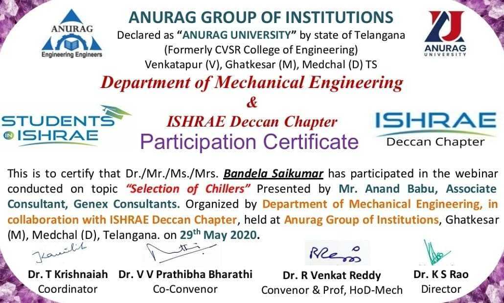 brilliantgroups's tweet photo. Department of #mechanicalengineering in collaboration with ISHARE Deccan chapter present an interactive #webinar on "SELECTION OF CHILLERS" held at Anurag group of institutions on May 29 2020.

Our students #Bandelasaikumar and #mohdkhajamoinuddin participated in the #webinar. https://t.co/q7obrbRUCq
