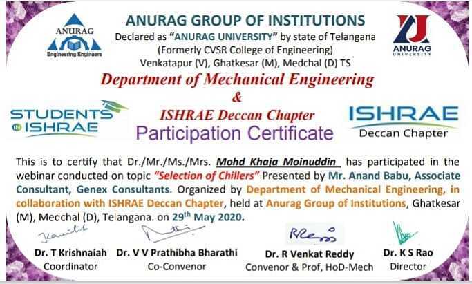 brilliantgroups's tweet photo. Department of #mechanicalengineering in collaboration with ISHARE Deccan chapter present an interactive #webinar on "SELECTION OF CHILLERS" held at Anurag group of institutions on May 29 2020.

Our students #Bandelasaikumar and #mohdkhajamoinuddin participated in the #webinar. https://t.co/q7obrbRUCq