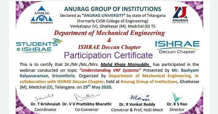 brilliantgroups's tweet photo. Department of #mechanicalengineering in collaboration with ISHARE Deccan chapter present an interactive #webinar on "understanding VRF systems" held at Anurag group of institutions on May 29 2020.

Our students #Bandelasaikumar and #mohdkhajamoinuddin participated in the #webinar https://t.co/9SKSMZ80Ef
