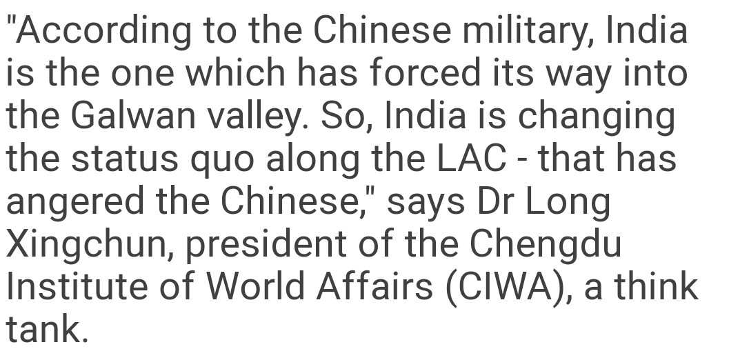 "According to the Chinese military, India is the one which has forced its way into the Galwan valley. So, India is changing the status quo along the LAC - that has angered the Chinese"  https://www.bbc.co.uk/news/amp/world-asia-52852509?__twitter_impression=true