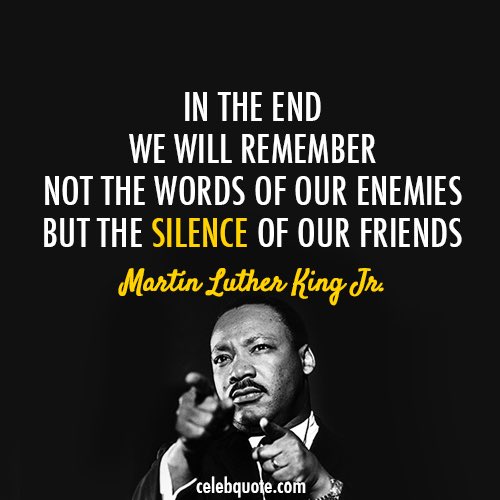 WHITE FRIENDS, NOW IS NOT THE TIME FOR YOU TO BE SILENT. Now is not the time to talk about anything else if you have not actively spoken up and demonstrated solidarity with the Black community, which is in unbearable pain and grief...again. #BlackLivesMatter