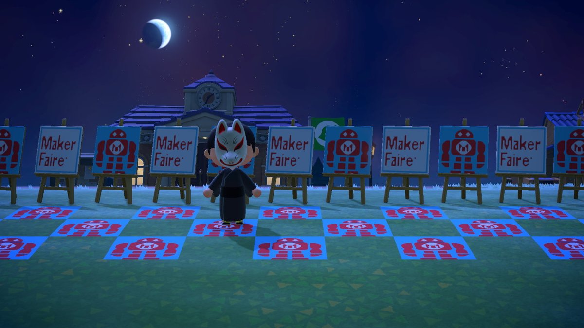kasanetarium's tweet photo. Maker Faire のロゴとMakeyくんを作りました。
会場に続く道に並んだ看板を見たときのワクワク感がたまらないんですよね。
#VirtualMakerFaire
#どうぶつの森 #AnimalCrossing #ACNH #NintendoSwitch https://t.co/hwLkY2BmoV
