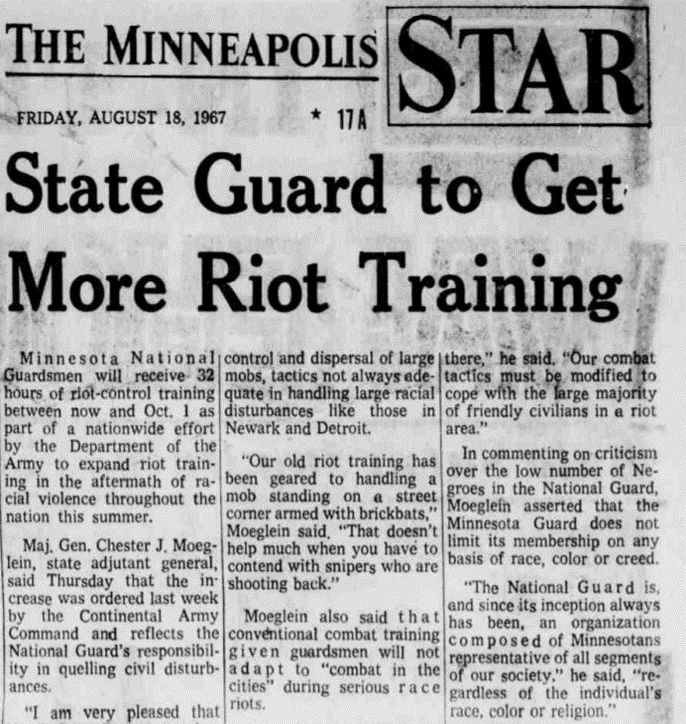 Mayor Art Naftalin (a Humphrey protege) responded by expanding civil rights committees created by Humphrey, even as the state of Minn. received new Pentagon funds for more riot training for the National Guard. These headlines were published on the same day in the Star Tribune.10/