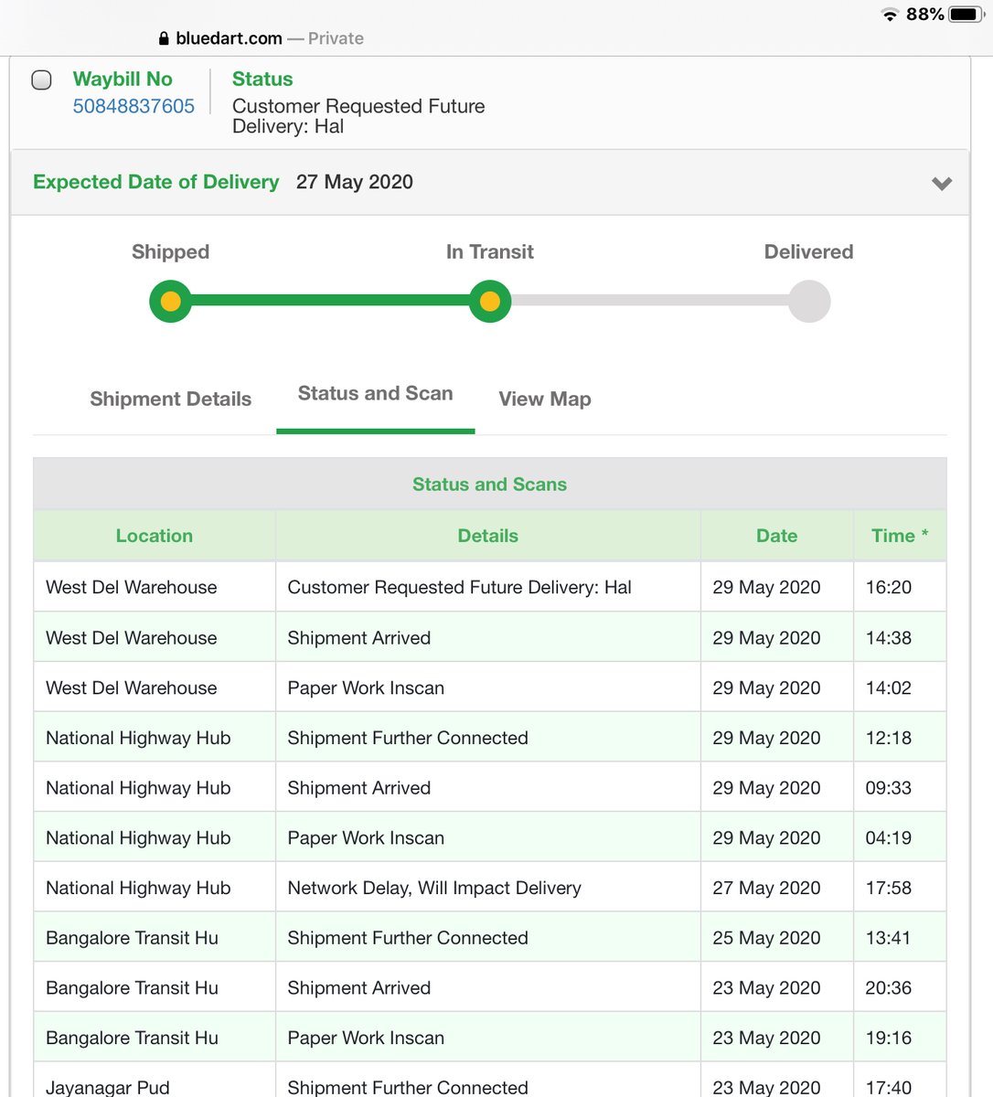 TheHealinNeuron's tweet photo. @BlueDart_ @BlueDartCares where is my package? Expected date of delivery was 27th, its not only late but I cannot even reach out to your custome care. I di NOT request any future deli wth ? https://t.co/9S6yDcmzmE