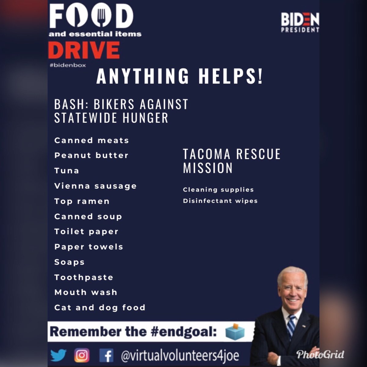 Volunteers4Joe's tweet photo. #JFED: Joe’s Food and Essential Items Drive going on in Tacoma! We called our local food banks & shelters, these are the orgs we are supporting this month & these are the collection sites. In the Tacoma area? We’ll come pick up items from you, DM us! 🗳 https://t.co/Rnn437C05k