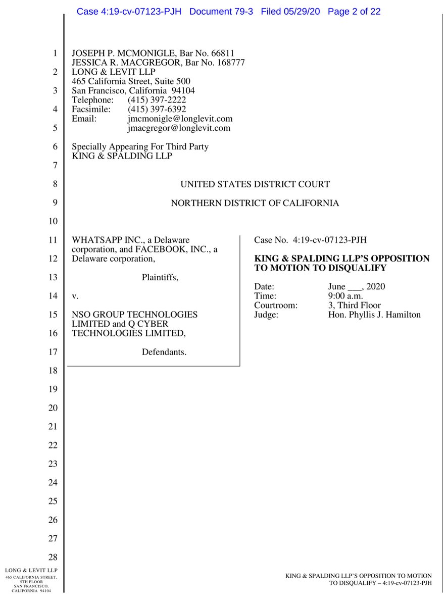 King & Spaulding (K&S) LLC’s Opposition to Motion to DisqualifyThink this is first time that K&S names the former K&S partner;Now FBI Dir & represented WhatsApp in the “sealed matter”I’m NOT saying K&S or Dir Wray did anything wrongcc  @911CORLEBRA777  https://ecf.cand.uscourts.gov/doc1/035119323899