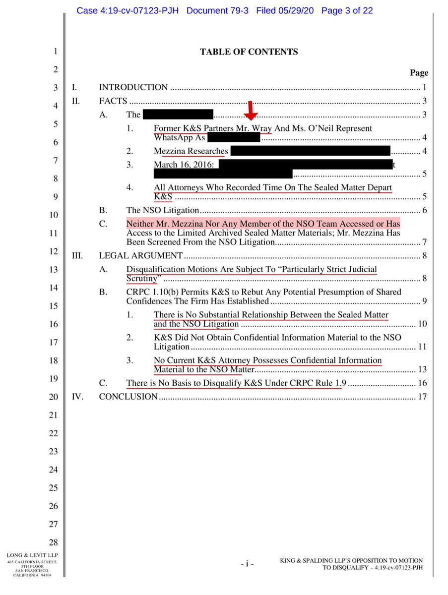 King & Spaulding (K&S) LLC’s Opposition to Motion to DisqualifyThink this is first time that K&S names the former K&S partner;Now FBI Dir & represented WhatsApp in the “sealed matter”I’m NOT saying K&S or Dir Wray did anything wrongcc  @911CORLEBRA777  https://ecf.cand.uscourts.gov/doc1/035119323899