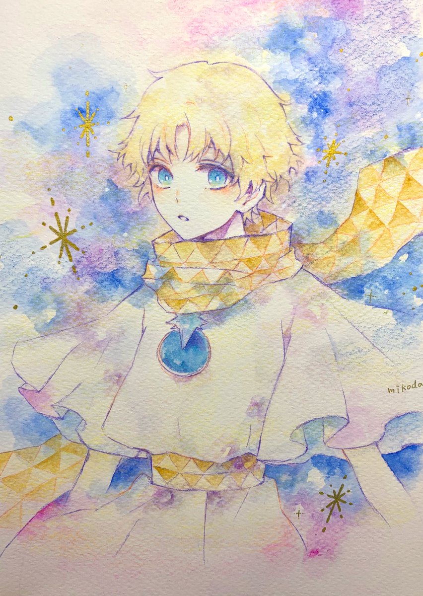 male focus 1boy solo yellow scarf blonde hair scarf blue eyes  illustration images