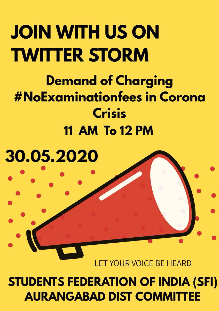 khandare_ravi's tweet photo. #SFI_Aurangabad
#Twitter_Storm 11 AM to 12 PM
#NoExaminationFees in Corona Crisis. @RadicalBeing296 @CpimSatyam @DharDipsita @VP_Sanu @MayukhDuke @SFI_CEC @sfimaharashtra @rohidasjsfi @BalajiSfi @MonaliDevanand @BhagwanShrawane @GaneshS72032785 https://t.co/z6JH8GdYub