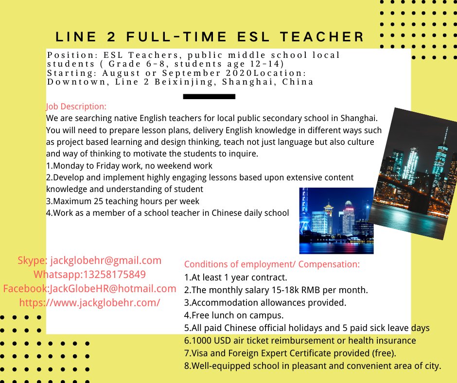 JackGlobeHR's tweet photo. We are search native English teachers for local public secondary school in Shanghai.🥰#China #chinateacher #chinajob #chinawork #englishteacher #English https://t.co/FuqUjJBBw1