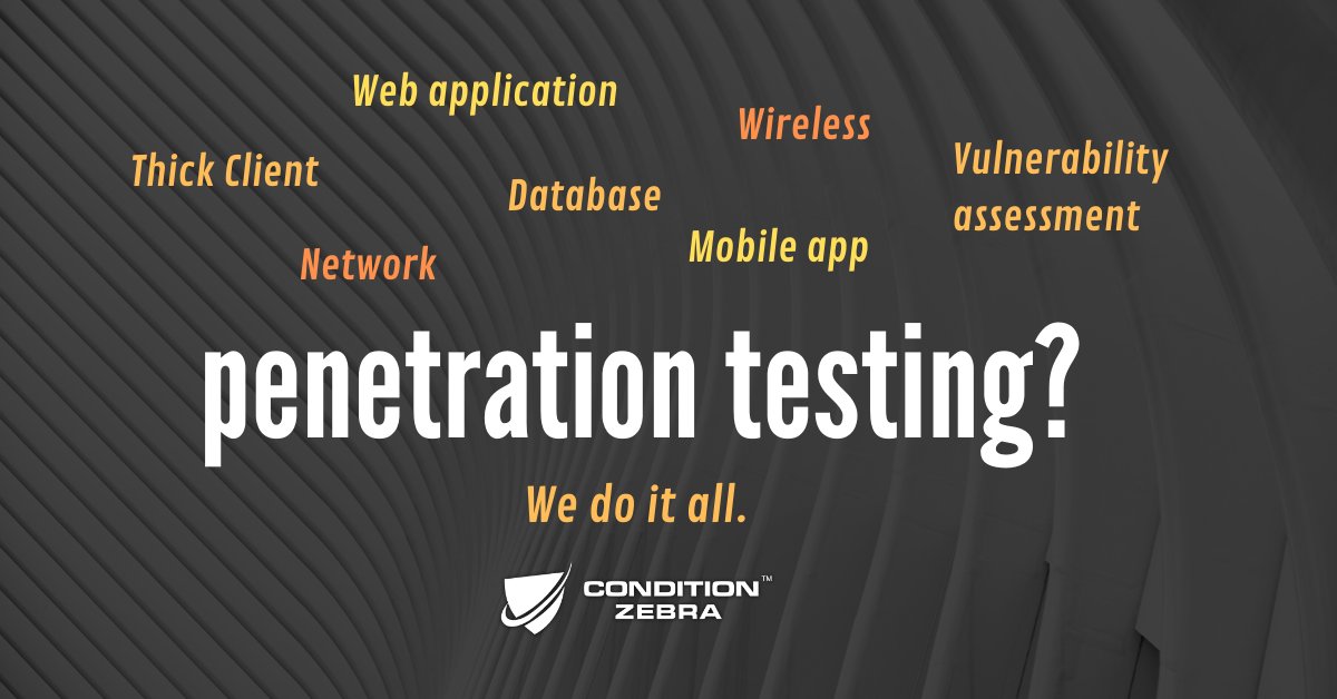 ConditionZebra's tweet photo. At Condition Zebra, penetration testing service is our strength and specialty. In fact, our experts cover many areas of penetration testing!

To know more, https://t.co/rtaqUYtwcD

#CyberSecurity #PenetrationTesting #NetworkSecurity #MobileSecurity #WebDefence https://t.co/gf2rbyExsq