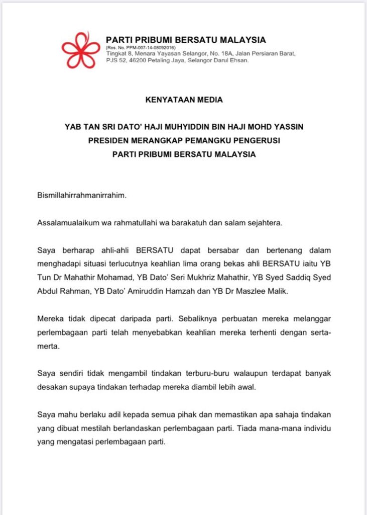 Parti Pribumi Bersatu Malaysia telah memutuskan persoalan dasar dan hala tuju yang jelas, selari dengan peruntukan yang ada dalam perlembagaan. YAB Tan Sri Presiden selaku Perdana Menteri perlukan “tamkīn” (kekuatan menyeluruh) untuk membina negara di era kelaziman baru yang
