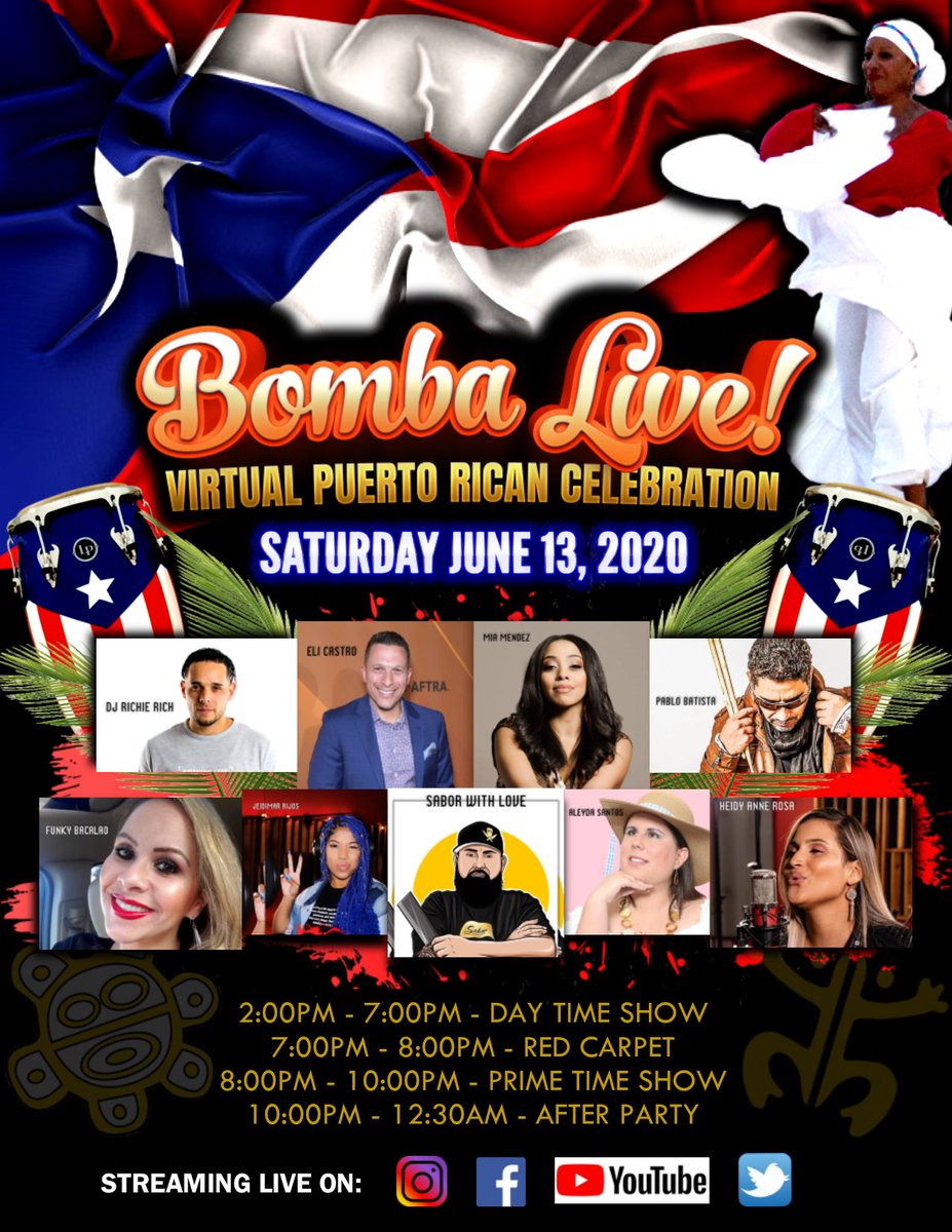 bomba_live's tweet photo. On June 13th, beginning live at 2pm we will have one of the best virtual Hispanic shows in the country! The list of stars continue to rise and the hype  is rising daily! 

With a prime time show hosted by @elizardicastro #boricua 🇵🇷🇵🇷#virtualshow #elicastro https://t.co/jH1xIhiTUr
