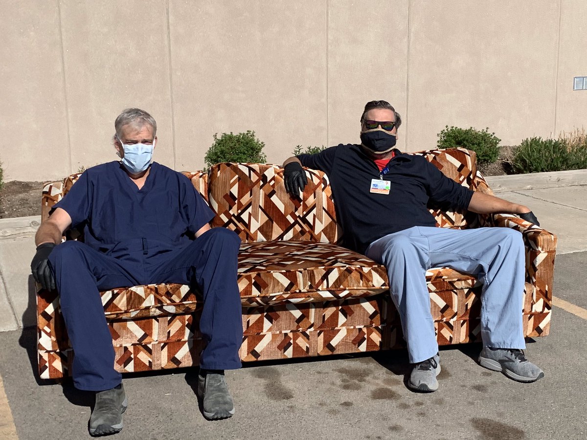TeamSowards's tweet photo. Antonito Twitter: someone left this couch at our clinic over Memorial weekend. Thanks to them, Brian and I had a reason for some fresh air. Yes, Brian is pleased that I made him take a picture on a random (obviously outdated) couch. #Slvhealth #teamwork https://t.co/4Vr0gVdvII