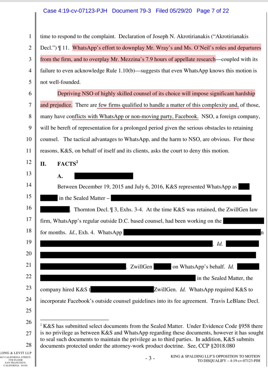 In 2015/16 WhatsApp retained K & S - attorneys Chris Wray & Cathy O’Neil to...to provide the Company with legal advice...[sealed matter] and redacted..Wray left K&S after being nominated and then appointed as Director of the FBI (a fact WhatsApp failed to mention in its motion)”