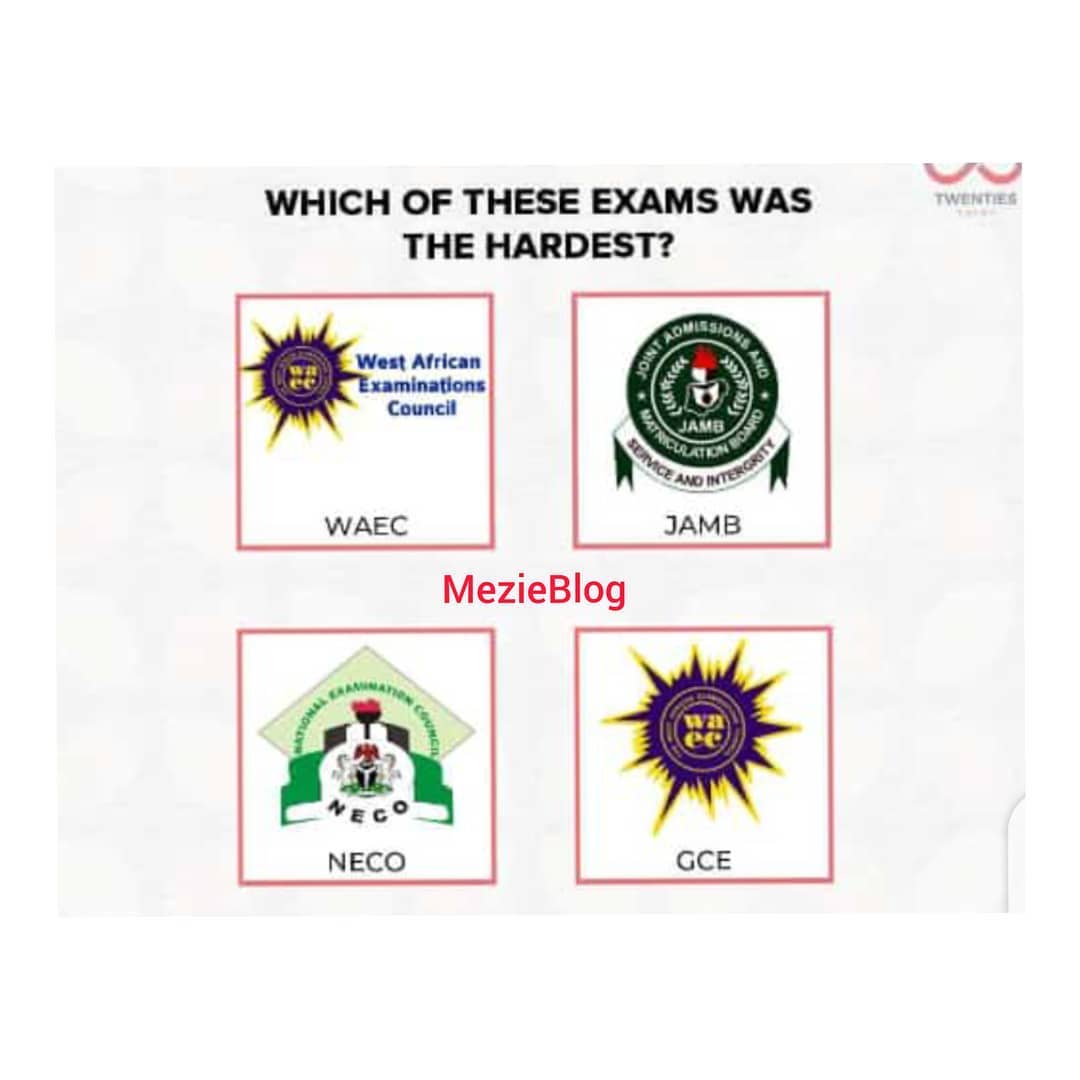 daniel_update1's tweet photo. Which of this Exam was the hardest?🤔🤔
.
.
.
* WAEC
* JAMB
* NECO
* GCE .
.
#danielupdate https://t.co/NOdEqb00jj