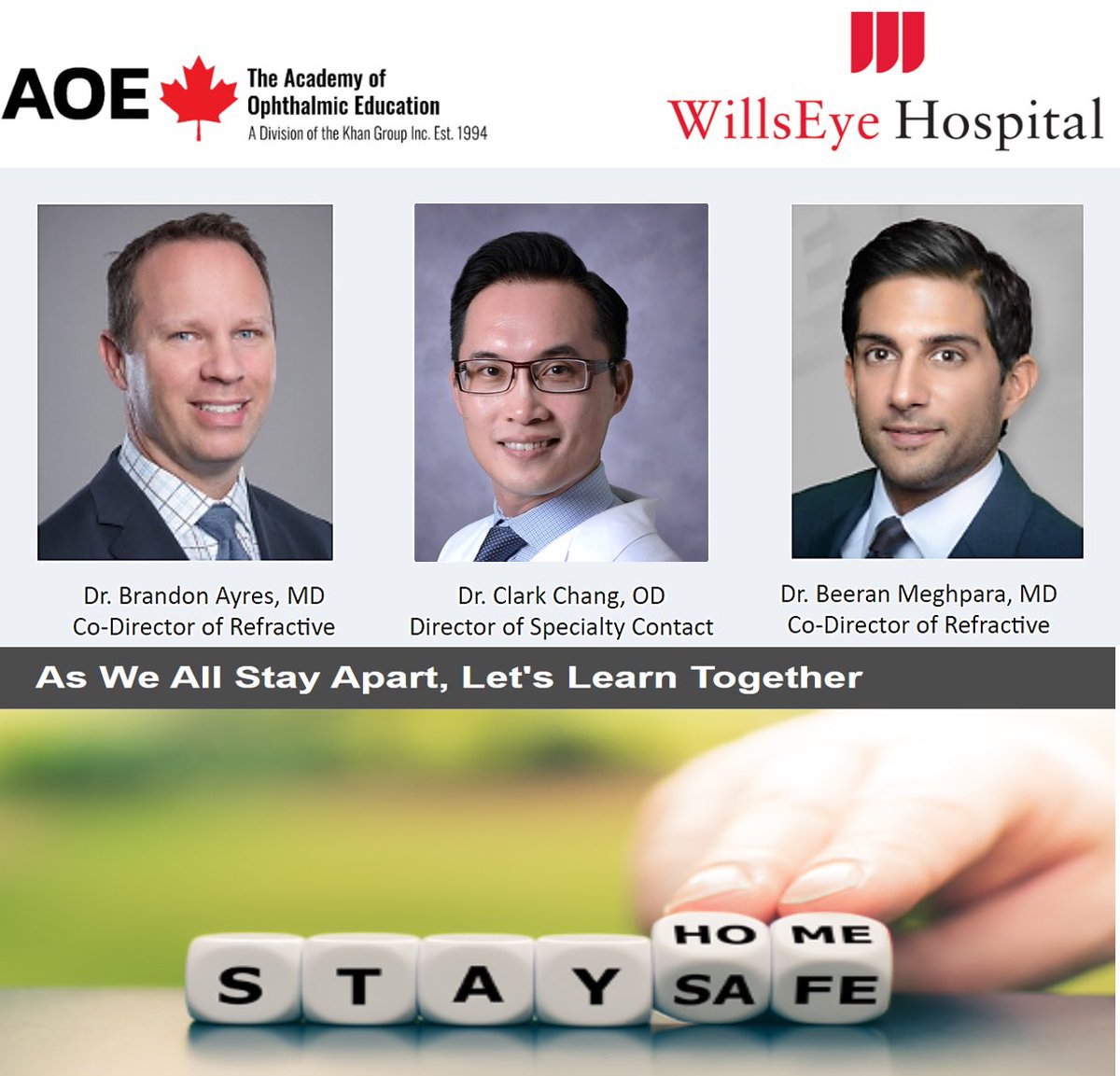 Proud to represent <a href="/Wills_Eye/">Wills Eye Hospital</a> with Drs. <a href="/bfast33/">Brandon D. Ayres</a> &amp; Beeran Meghpara in a virtual mtg by <a href="/thekhangroup/">The Academy of Ophthalmic Education (AOE)</a> 🇨🇦!We may be apart but can’t wait to 🤝with doctors to share info on artificial iris implant, #Keratoconus, #CXL, Cenegermin, Miltefosine..more! Reg👉conta.cc/3dhuloe