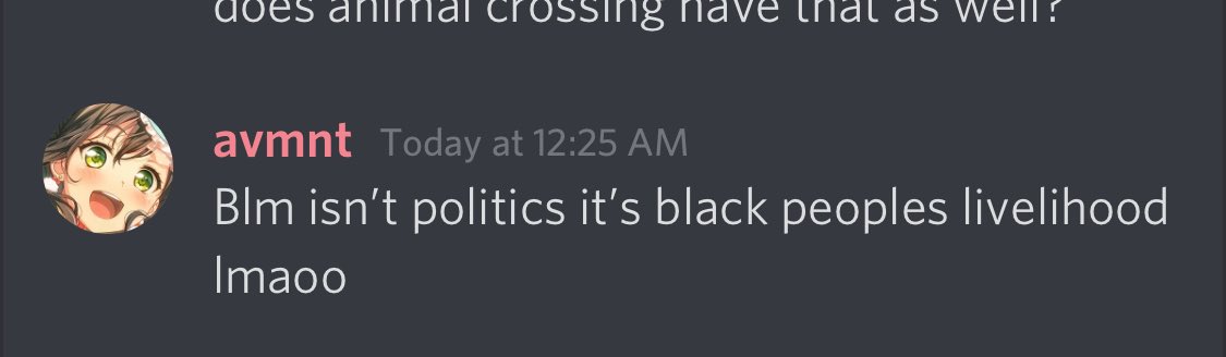 VISUALBUTCH's tweet photo. IF ANY OF MY MUTUALS ARE APART OF THIS ANIMAL CROSSING DISCORD SERVER: LEAVE RN. They are censoring black lives matter and acab. Both of my messages were deleted by a moderator (avmnt is me!) these bitches are EMBARASSINGGG https://t.co/nA6R7kh2zp