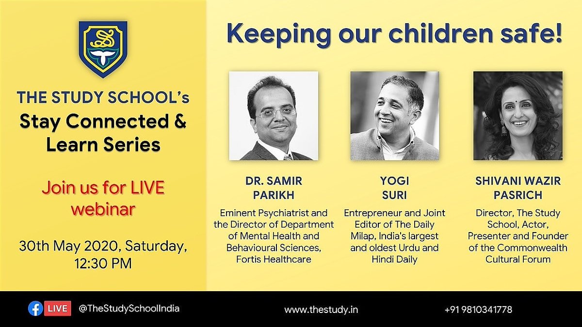 Priyasuri10's tweet photo. Don’t forget to join us today at 12.30pm on @thestudyschool Facebook LIve @ShivaniWPasrich @drsamirparikh and @yogi_milap talk about a topic that is the need of the hour “How to keep our Children safe.” @smritiirani #milappublications #thestudyschool https://t.co/mNjug3ffM6