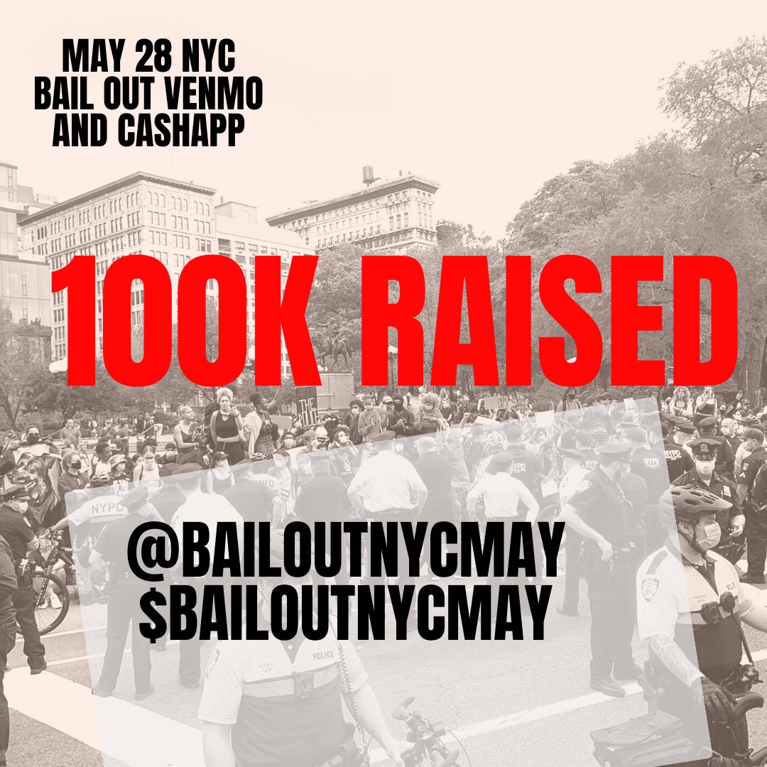 FreeThemAll2020's tweet photo. We have raised 100K. We will let people know as bail is set. Over 60+ people have been arrested between yesterday and today. What’s not used for bail will be sent to other cities or COVID BAILOUT NYC. https://t.co/fK0DogHnkT