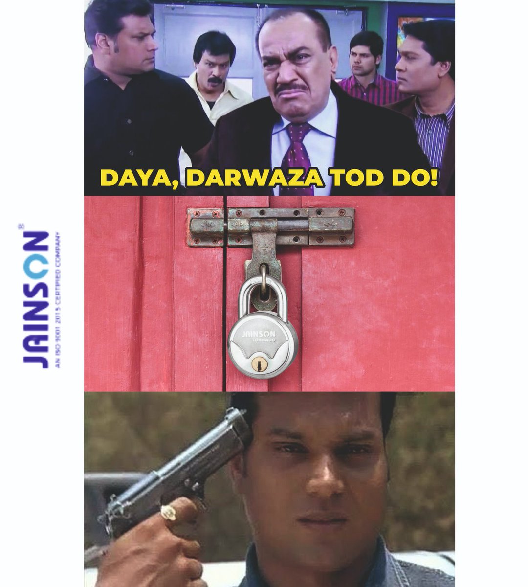 JainsonLocks's tweet photo. Here is one for all the CID fans!!
Daya, Darwaza tod do!
Well, not in the case of Jainson Locks. Share & Comment if you can relate to the meme.
#JainsonLocks #CIDMemes #Padlocks #HomeLocks #MainDoorLocks #CIDJokes #LockingSystems #LockTheDoor https://t.co/wlgesepu0j