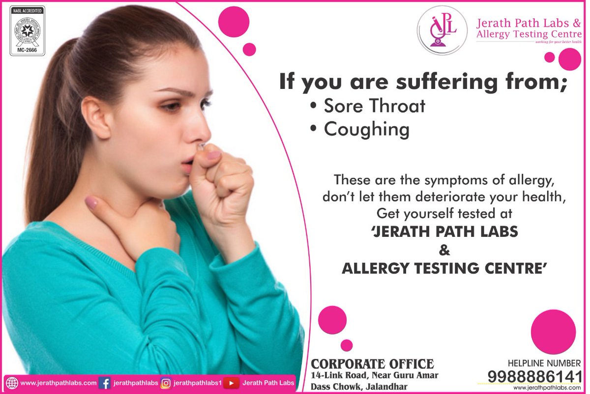 JerathLabs's tweet photo. Regular coughing or sore throat may be symptoms of allergy, Visit your nearest; Jerath Path labs &amp; Allergy Testing Centre, Protect your self and your family
#Jerathpathlabs &amp; #Allergytestingcentre #Coughandcold #Sorethroat #treatment

To know more visit: https://t.co/B8FQ53d2Pf https://t.co/V5GU9GjRj8