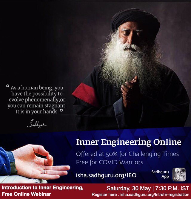 iamTapanPandya's tweet photo. @SadhguruJV 🙏#MyInnerEngineering
#OneWayToTransform

With a wish that every human being should experience this inner strength, 
#IEO is being offered at50% to all &amp; free to all #COVIDwarriors

*Available in Hindi and Marathi as well.

To register/ know more plz click
https://t.co/poiBq49yNm https://t.co/4qLcLu4Dux