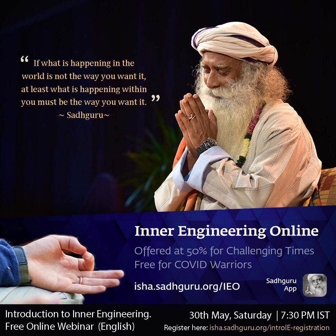 iamTapanPandya's tweet photo. @SadhguruJV 🙏#MyInnerEngineering
#OneWayToTransform

With a wish that every human being should experience this inner strength, 
#IEO is being offered at50% to all &amp; free to all #COVIDwarriors

*Available in Hindi and Marathi as well.

To register/ know more plz click
https://t.co/poiBq49yNm https://t.co/4qLcLu4Dux