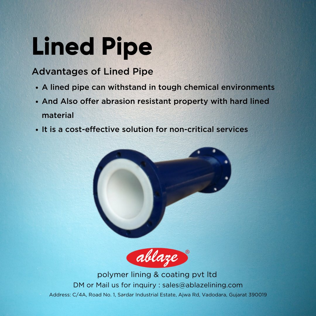 AblazeLining's tweet photo. ptfe lined pipe has a Mechanical bonding between pipe and line material. By applying a lined material to carbon steel pipe, we can get the benefit of anti-corrosion property of lined material #ptfe #ptfelined #linedpipe #ablazelineing #lining #industrial https://t.co/MHoWEJUhQE