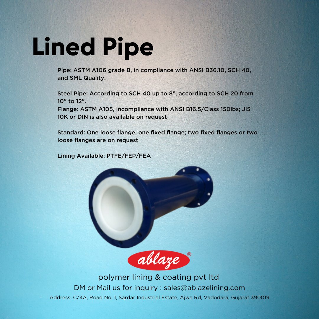 AblazeLining's tweet photo. ptfe lined pipe has a Mechanical bonding between pipe and line material. By applying a lined material to carbon steel pipe, we can get the benefit of anti-corrosion property of lined material #ptfe #ptfelined #linedpipe #ablazelineing #lining #industrial https://t.co/MHoWEJUhQE